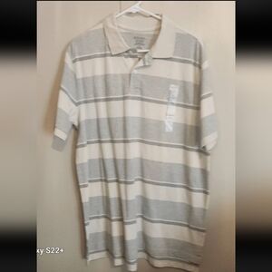 M57 Merona Ultimate Classic Fit No Roll Collar Cream Gray Striped Polo Shirt NWT